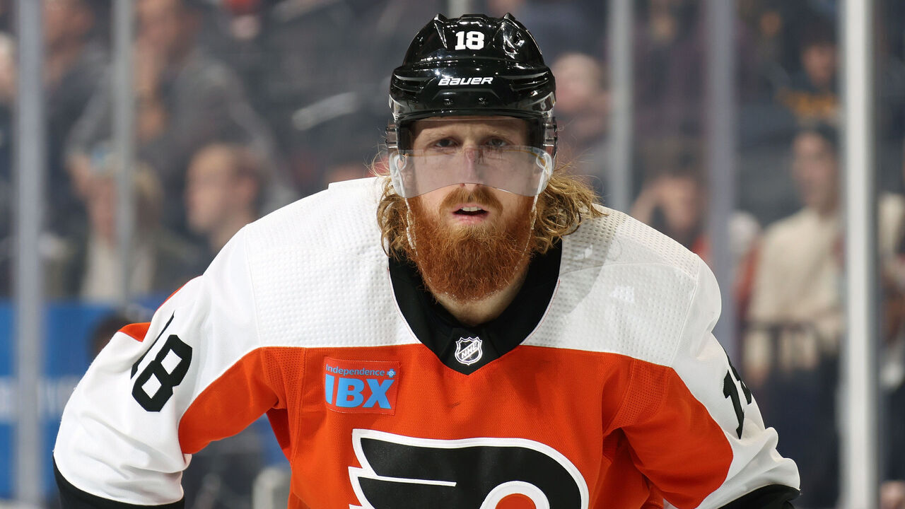 PHILADELPHIA, PENNSYLVANIA - DECEMBER 14: Mark Staal #18 of the Philadelphia Flyers looks on against the Washington Capitals at the Wells Fargo Center on December 14, 2023 in Philadelphia, Pennsylvania.