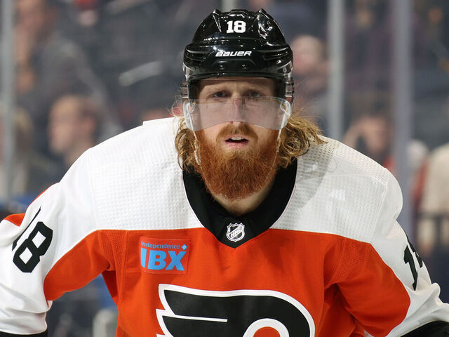 PHILADELPHIA, PENNSYLVANIA - DECEMBER 14: Mark Staal #18 of the Philadelphia Flyers looks on against the Washington Capitals at the Wells Fargo Center on December 14, 2023 in Philadelphia, Pennsylvania.
