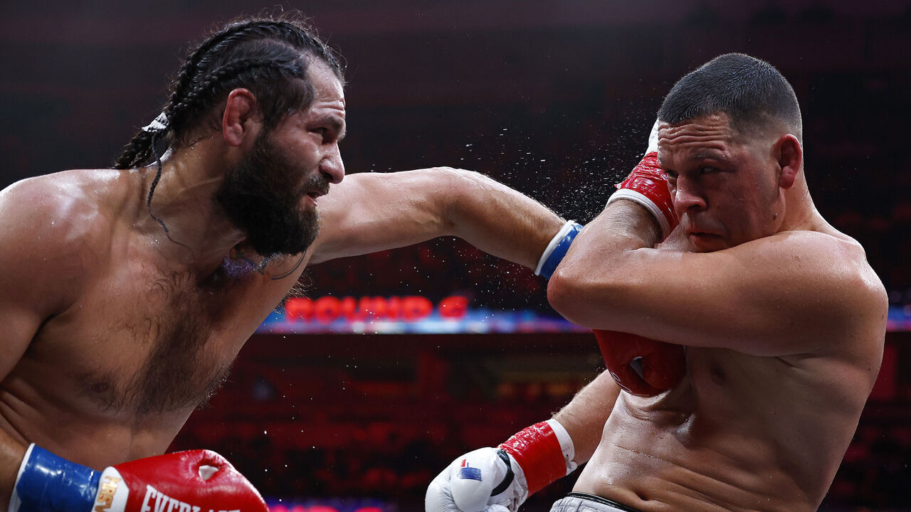 ANAHEIM, CALIFORNIA - JULY 06: (L-R) Jorge Masvidal and Nate Diaz during round of their cruiserweights fight at Honda Center on July 06, 2024 in Anaheim, California.