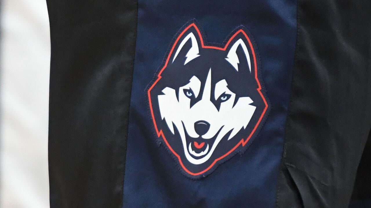 WASHINGTON, DC - FEBRUARY 27: The Connecticut Huskies logo on a pair of shorts during a college basketball game against the Georgetown Hoyas at the Capital One Arena on February 27, 2022 in Washington, DC.