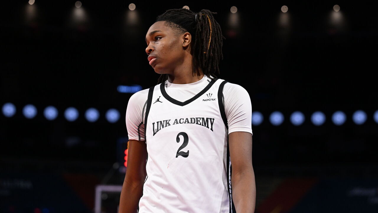 LAS VEGAS, NV - DECEMBER 8: Jasper Johnson #2 of the Link Academy looks on during the game against the Montverde Academy during the 2023 EYBL Scholastic Showcase on December 8, 2023 at T-Mobile Arena in Las Vegas, Nevada. Mandatory Copyright Notice: Copyright 2023 NBAE