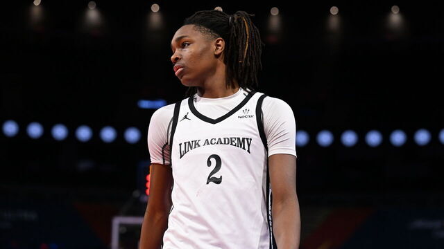 LAS VEGAS, NV - DECEMBER 8: Jasper Johnson #2 of the Link Academy looks on during the game against the Montverde Academy during the 2023 EYBL Scholastic Showcase on December 8, 2023 at T-Mobile Arena in Las Vegas, Nevada. Mandatory Copyright Notice: Copyright 2023 NBAE