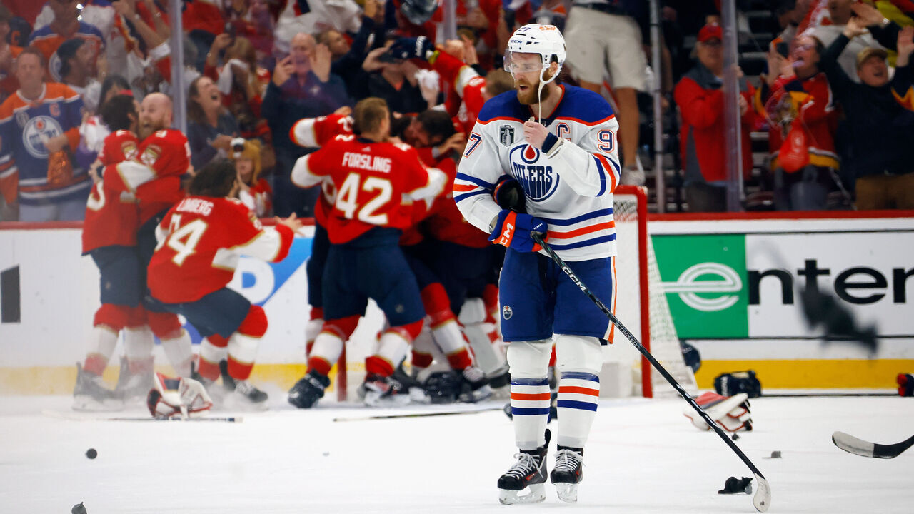 SUNRISE, FLORIDA - JUNE 24: Connor McDavid #97 of the Edmonton Oilers reacts to the Florida Panthers victory over the Edmonton Oilers in Game Seven of the 2024 NHL Stanley Cup Final at Amerant Bank Arena on June 24, 2024 in Sunrise, Florida.
