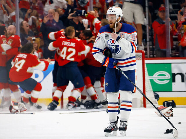 SUNRISE, FLORIDA - JUNE 24: Connor McDavid #97 of the Edmonton Oilers reacts to the Florida Panthers victory over the Edmonton Oilers in Game Seven of the 2024 NHL Stanley Cup Final at Amerant Bank Arena on June 24, 2024 in Sunrise, Florida.