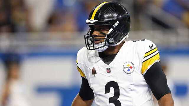 DETROIT, MICHIGAN - AUGUST 24: Russell Wilson #3 of the Pittsburgh Steelers during the first half while playing the Detroit Lions in a preseason game at Ford Field on August 24, 2024 in Detroit, Michigan.