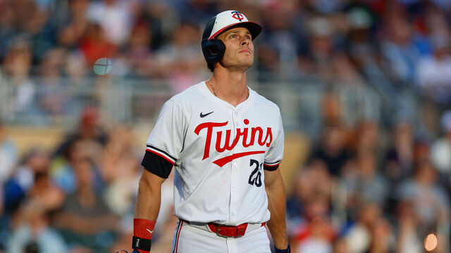 MINNEAPOLIS, MINNESOTA - AUGUST 13: Max Kepler #26 of the Minnesota Twins watches a foul ball in the first inning during a game against the Kansas City Royals at Target Field on August 13, 2024 in Minneapolis, Minnesota.