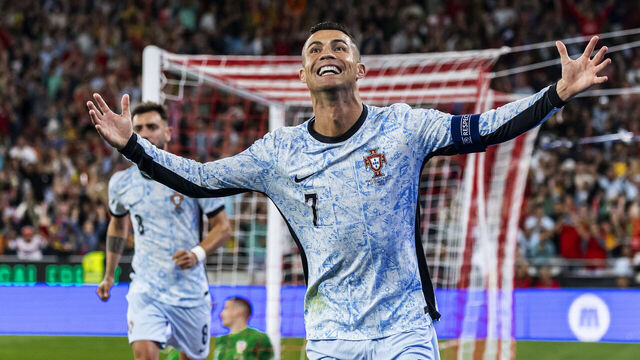 LISBON, PORTUGAL - SEPTEMBER 05: Cristiano Ronaldo of Portugal celebrates scoring his team's second goal during the UEFA Nations League 2024/25 League A Group A1 match between Portugal and Croatia at Estadio do Sport Lisboa e Benfica on September 05, 2024 in Lisbon, Portugal.