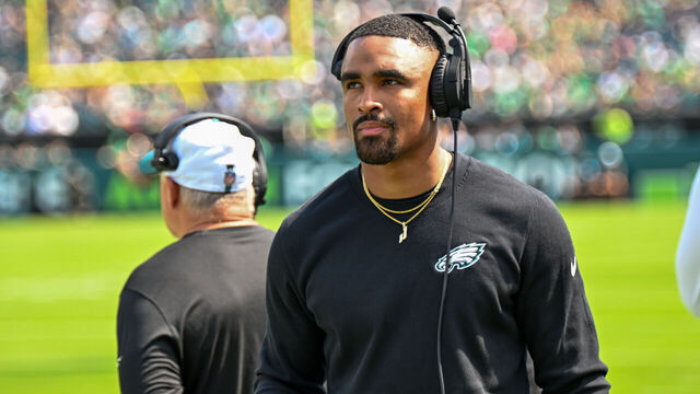 PHILADELPHIA, PA - AUGUST 24: Philadelphia Eagles quarterback Jalen Hurts (1) looks on from the sidelines during the NFL preseason game between the Philadelphia Eagles and the Minnesota Vikings on August 24th, 2024 at Lincoln Financial Field in Philadelphia, PA.