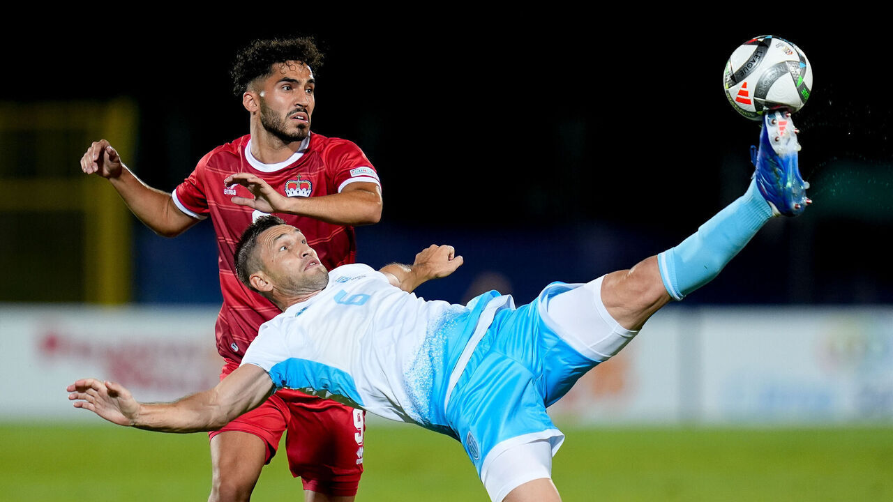 San Marino, San Marino - September 5: Dante Rossi of San Marino and Ferhat Saglam of Liechtenstein compete for the ball during the UEFA Nations League 2024/2025 League D - Group 1 match between San Marino and Liechtenstein at San Marino Stadium on September 5, 2024 in San Marino, San Marino.