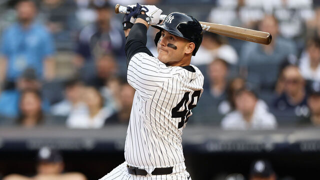 NEW YORK, NEW YORK - JUNE 05: Anthony Rizzo #48 of the New York Yankees hits a double during the first inning against the Minnesota Twins at Yankee Stadium on June 05, 2024 in the Bronx borough of New York City.