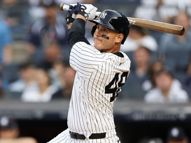 NEW YORK, NEW YORK - JUNE 05: Anthony Rizzo #48 of the New York Yankees hits a double during the first inning against the Minnesota Twins at Yankee Stadium on June 05, 2024 in the Bronx borough of New York City.