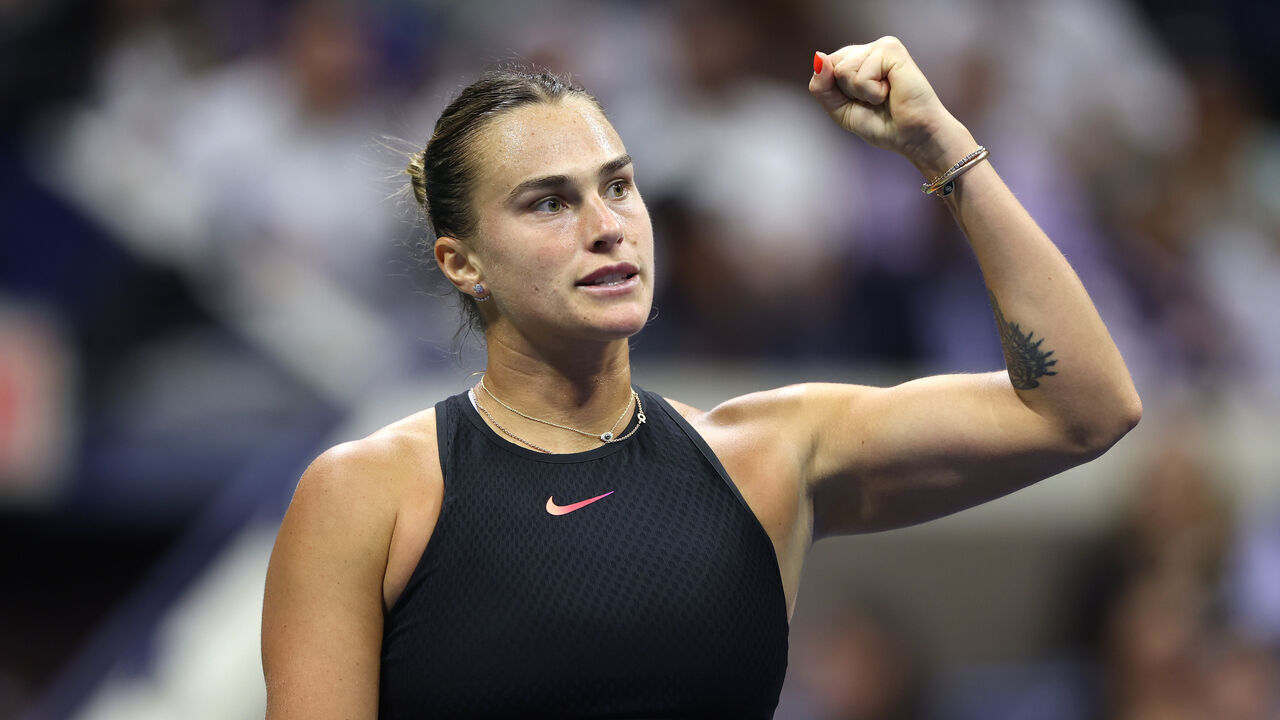 NEW YORK, NEW YORK - SEPTEMBER 05: Aryna Sabalenka of Belarus reacts against Emma Navarro of the United States during their Women's Singles Semifinal match on Day Eleven of the 2024 US Open at USTA Billie Jean King National Tennis Center on September 05, 2024 in the Flushing neighborhood of the Queens borough of New York City.