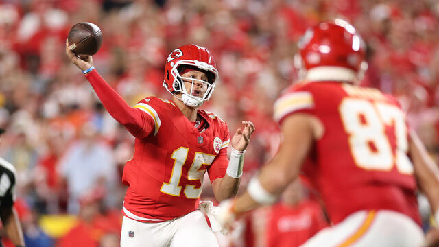 KANSAS CITY, MISSOURI - SEPTEMBER 05: Quarterback Patrick Mahomes #15 of the Kansas City Chiefs throws a pass against the Baltimore Ravens during the second quarter at GEHA Field at Arrowhead Stadium on September 05, 2024 in Kansas City, Missouri.