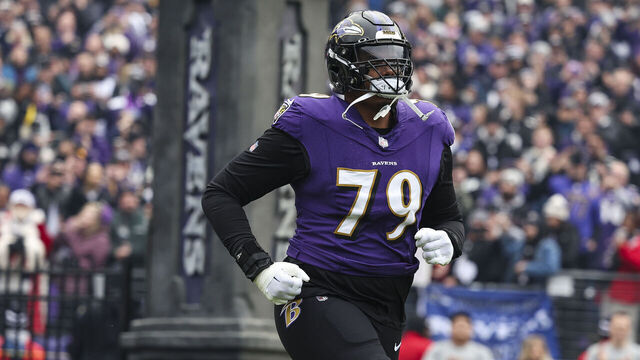 BALTIMORE, MD - JANUARY 28: Ronnie Stanley #79 of the Baltimore Ravens runs out of the tunnel prior to the AFC Championship NFL football game against the Kansas City Chiefs at M&T Bank Stadium on January 28, 2024 in Baltimore, Maryland.