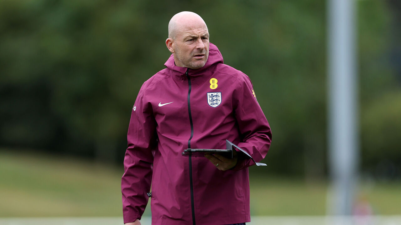 BURTON-UPON-TRENT, ENGLAND - SEPTEMBER 05: Lee Carsley, Interim Manager of England, reacts during a training session at St George's Park on September 05, 2024 in Burton-upon-Trent, England.