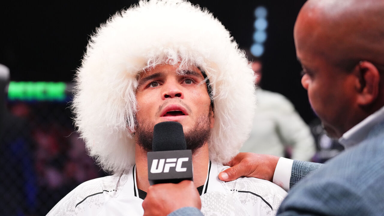 ABU DHABI, UNITED ARAB EMIRATES - AUGUST 03: Umar Nurmagomedov of Russia is interviewed after defeating Cory Sandhagen in a bantamweight fight during the UFC Fight Night event at Etihad Arena on August 03, 2024 in Abu Dhabi, United Arab Emirates.