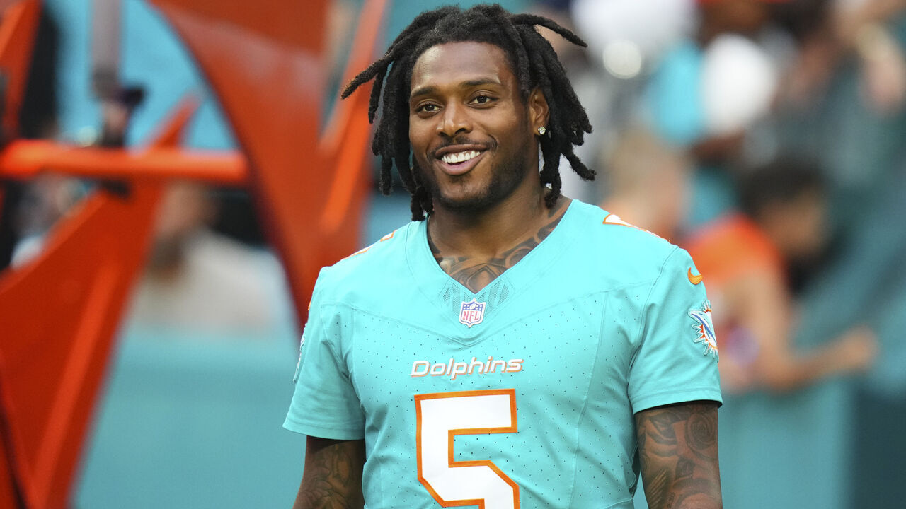 MIAMI GARDENS, FLORIDA - AUGUST 09: Jalen Ramsey #5 of the Miami Dolphins enters the filed prior to a preseason game against the Atlanta Falcons at Hard Rock Stadium on August 09, 2024 in Miami Gardens, Florida.