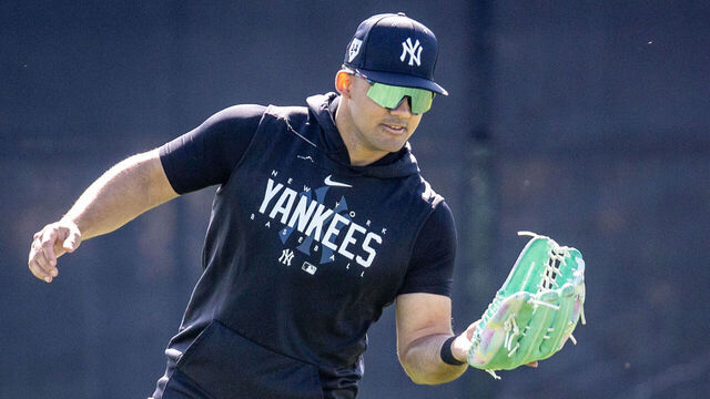 Tampa, Florida" New York Yankees Jasson Dominguez taking part in outfield drills during spring training in George M. Steinbrenner Field in Tampa, Florida on February 23, 2024.