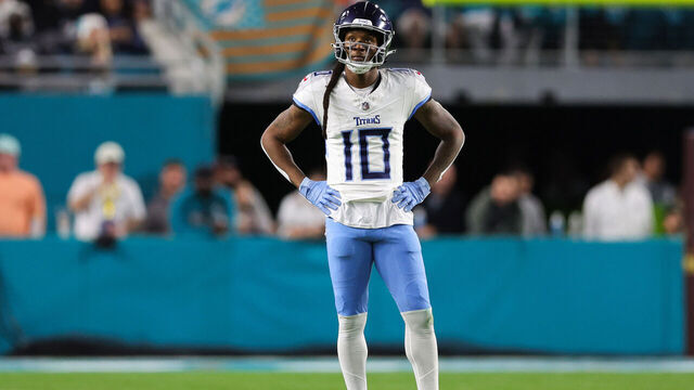 MIAMI GARDENS, FLORIDA - DECEMBER 11: DeAndre Hopkins #10 of the Tennessee Titans looks on during the second quarter of the game against the Miami Dolphins at Hard Rock Stadium on December 11, 2023 in Miami Gardens, Florida.