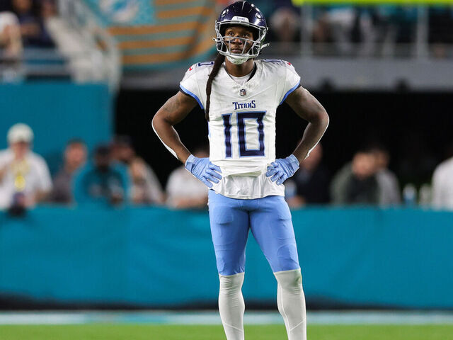 MIAMI GARDENS, FLORIDA - DECEMBER 11: DeAndre Hopkins #10 of the Tennessee Titans looks on during the second quarter of the game against the Miami Dolphins at Hard Rock Stadium on December 11, 2023 in Miami Gardens, Florida.
