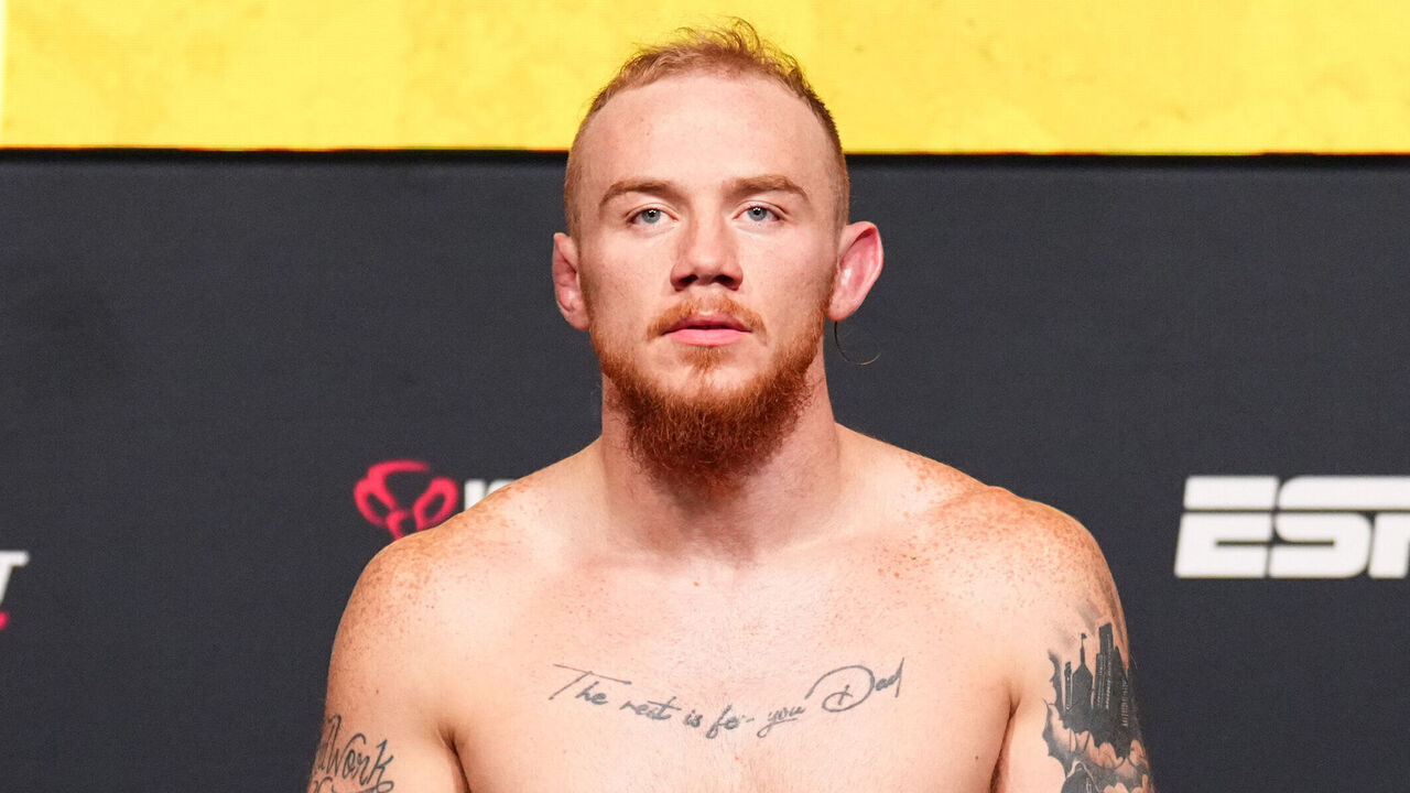 LAS VEGAS, NEVADA - SEPTEMBER 06: Dylan Budka poses on the scale during the UFC Fight Night weigh-in at UFC APEX on September 06, 2024 in Las Vegas, Nevada.