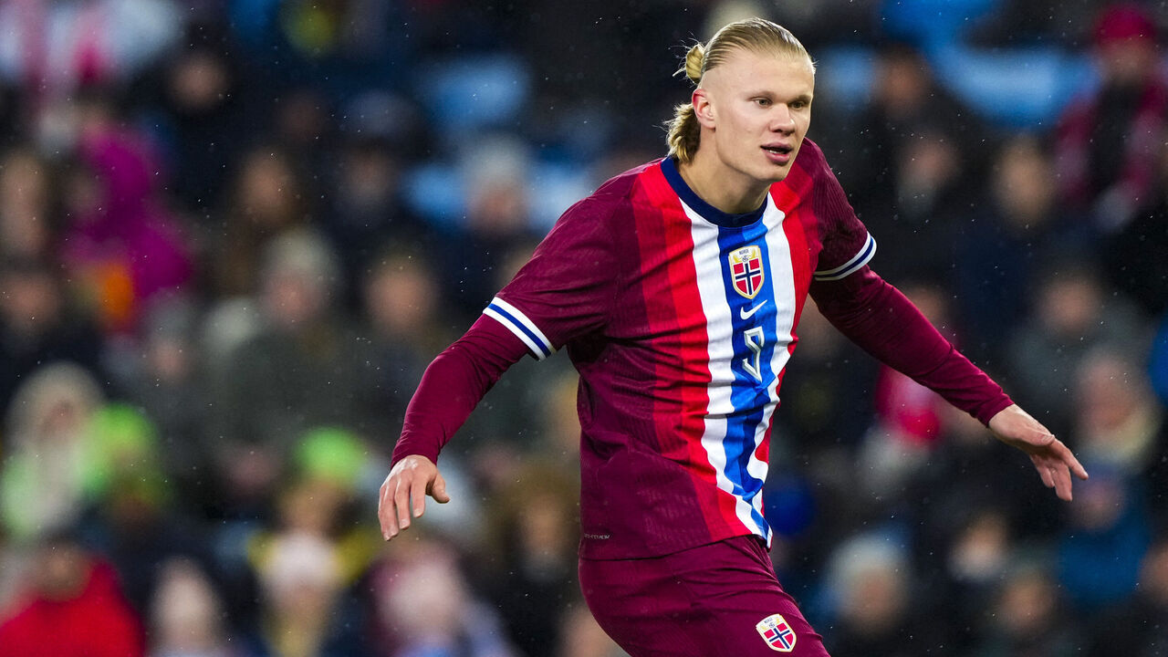Norway's forward #09 Erling Braut Haaland reacts during the friendly football match between Norway and Slovakia in Oslo, Norway, on March 26, 2024.