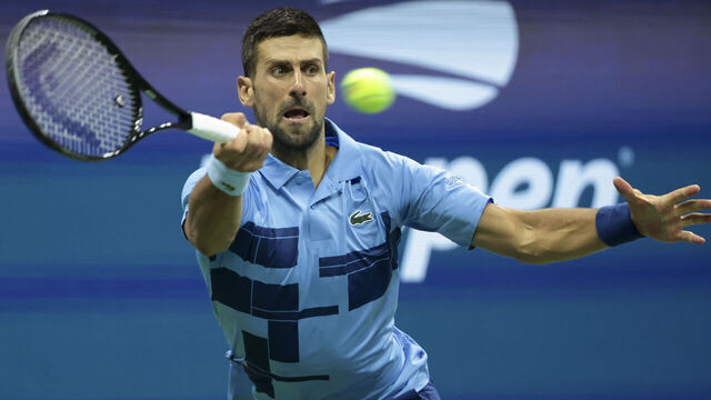 NEW YORK, NEW YORK - AUGUST 30: Novak Djokovic of Serbia against Alexei Popyrin of Australia during their Men's Singles Third Round match on Day Five of the 2024 US Open at USTA Billie Jean King National Tennis Center on August 30, 2024 in the Flushing neighborhood of the Queens borough of New York City.