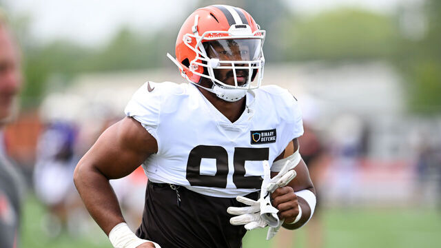 BEREA, OHIO - AUGUST 15: Myles Garrett #95 of the Cleveland Browns runs a drill during a joint training camp practice with the Minnesota Vikings at CrossCountry Mortgage Campus on August 15, 2024 in Berea, Ohio.