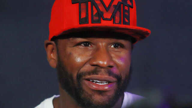 MEXICO CITY, MEXICO - 2024/08/23: Floyd Mayweather Jr. attends the scales during the ceremonial weigh-in before the exhibition fight between American boxer and former world champion Floyd Mayweather Jr. and mixed martial arts fighter and professional boxer John Gotti III.