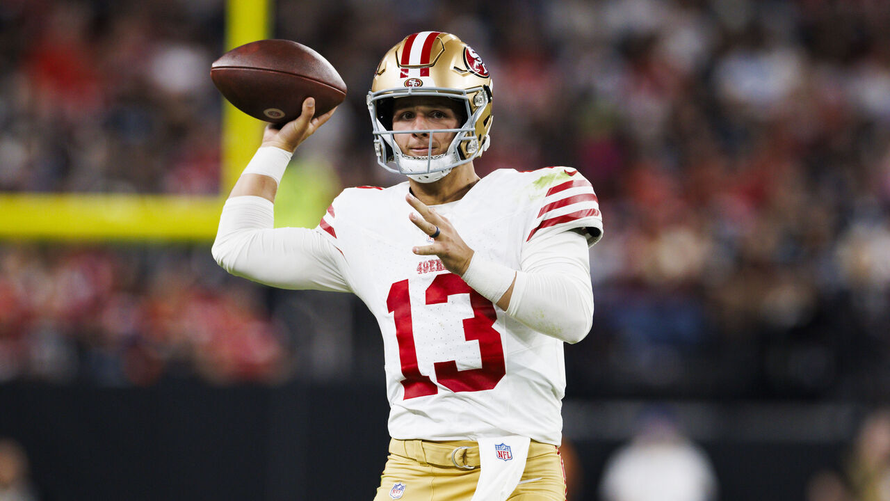 LAS VEGAS, NEVADA - AUGUST 23: Brock Purdy #13 of the San Francisco 49ers throws during a preseason game against the Las Vegas Raiders at Allegiant Stadium on August 23, 2024 in Las Vegas, Nevada.