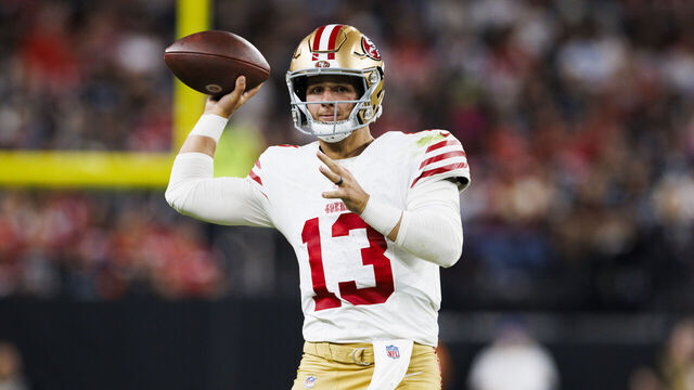 LAS VEGAS, NEVADA - AUGUST 23: Brock Purdy #13 of the San Francisco 49ers throws during a preseason game against the Las Vegas Raiders at Allegiant Stadium on August 23, 2024 in Las Vegas, Nevada.