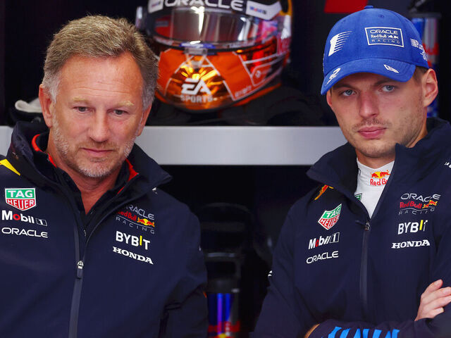 ZANDVOORT, NETHERLANDS - AUGUST 24: Max Verstappen of the Netherlands and Oracle Red Bull Racing interacts with Oracle Red Bull Racing Team Principal Christian Horner in the garage during final practice ahead of the F1 Grand Prix of Netherlands at Circuit Zandvoort on August 24, 2024 in Zandvoort, Netherlands.