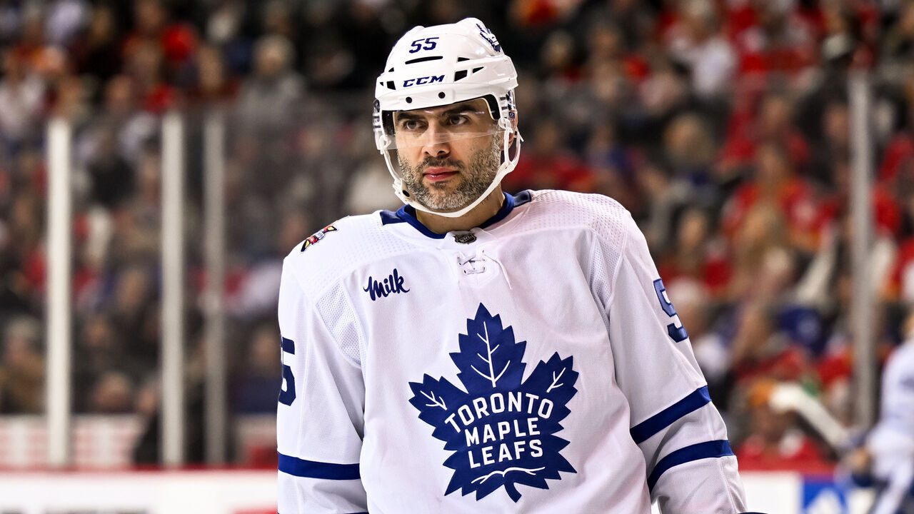 CALGARY, AB - JANUARY 18: Toronto Maple Leafs Defenceman Mark Giordano (55) looks on during the third period of an NHL game between the Calgary Flames and the Toronto Maple Leafs on January 18, 2024, at the Scotiabank Saddledome in Calgary, AB.