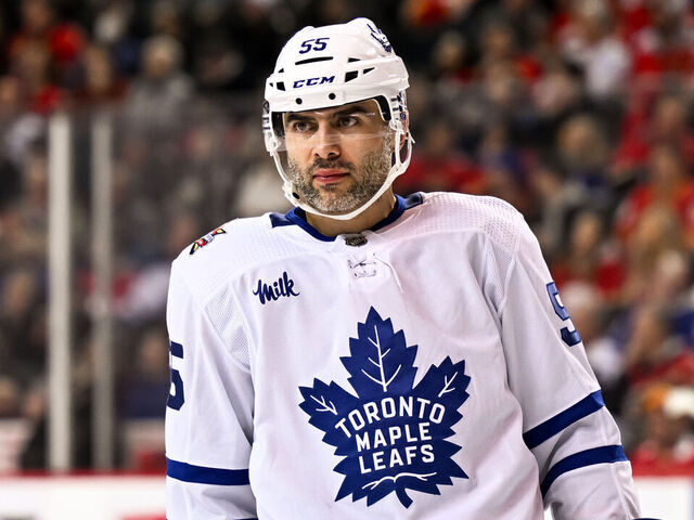 CALGARY, AB - JANUARY 18: Toronto Maple Leafs Defenceman Mark Giordano (55) looks on during the third period of an NHL game between the Calgary Flames and the Toronto Maple Leafs on January 18, 2024, at the Scotiabank Saddledome in Calgary, AB.