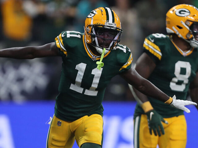 SAO PAULO, BRAZIL - SEPTEMBER 06: Jayden Reed #11 of the Green Bay Packers celebrates after a touchdown during the second quarter against the Philadelphia Eagles at Arena Corinthians on September 06, 2024 in Sao Paulo, Brazil.