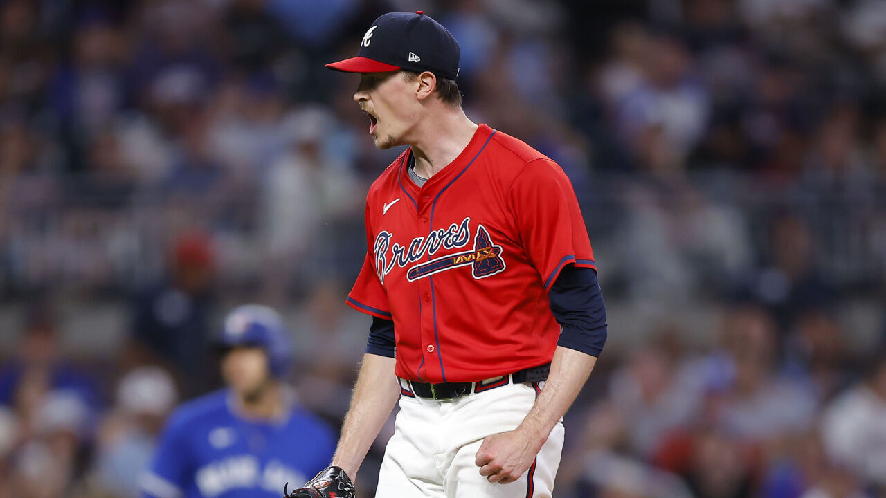 ATLANTA, GEORGIA - SEPTEMBER 6: Max Fried #54 of the Atlanta Braves reacts during the seventh inning against the Toronto Blue Jays at Truist Park on September 6, 2024 in Atlanta, Georgia.