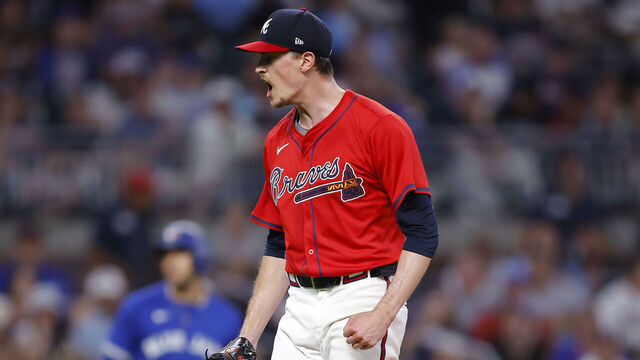ATLANTA, GEORGIA - SEPTEMBER 6: Max Fried #54 of the Atlanta Braves reacts during the seventh inning against the Toronto Blue Jays at Truist Park on September 6, 2024 in Atlanta, Georgia.