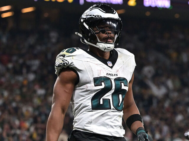 SAO PAULO, BRAZIL - SEPTEMBER 06: Saquon Barkley #26 of the Philadelphia Eagles celebrates after a touchdown during the second quarter against the Green Bay Packers at Arena Corinthians on September 06, 2024 in Sao Paulo, Brazil.