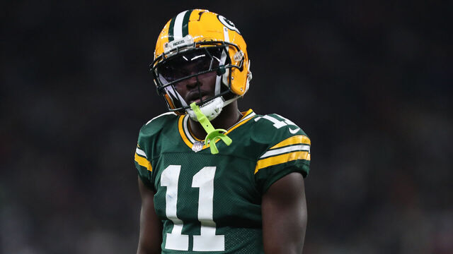 SAO PAULO, BRAZIL - SEPTEMBER 06: Jayden Reed #11 of the Green Bay Packers reacts during the third quarter against the Philadelphia Eagles at Arena Corinthians on September 06, 2024 in Sao Paulo, Brazil.