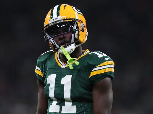 SAO PAULO, BRAZIL - SEPTEMBER 06: Jayden Reed #11 of the Green Bay Packers reacts during the third quarter against the Philadelphia Eagles at Arena Corinthians on September 06, 2024 in Sao Paulo, Brazil.