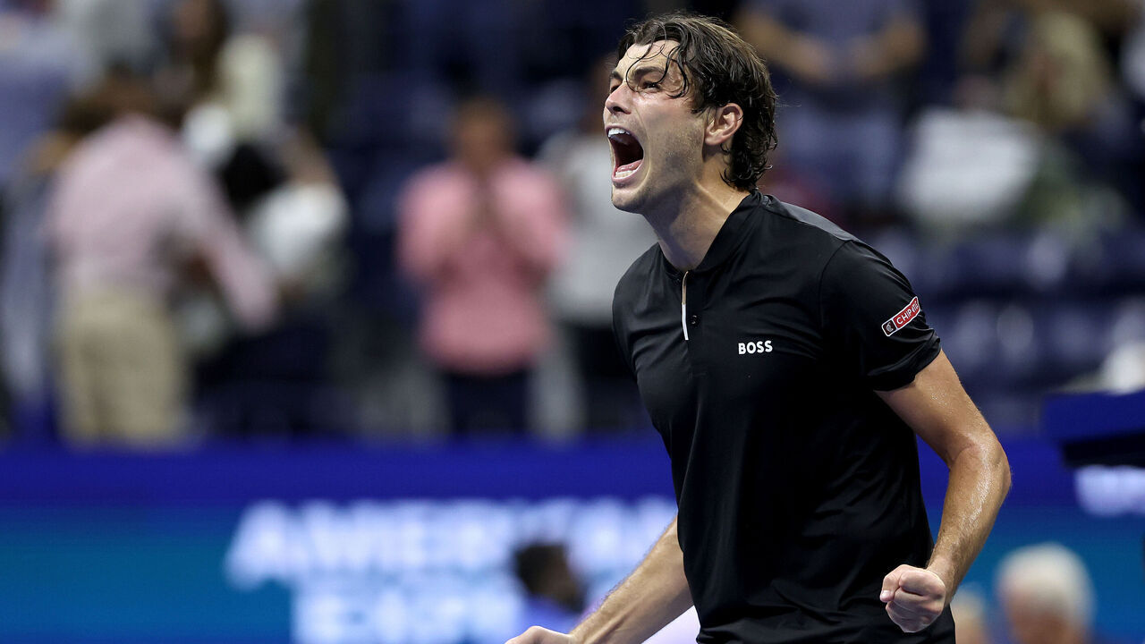 NEW YORK, NEW YORK - SEPTEMBER 06: Taylor Fritz of the United States celebrates after defeating Frances Tiafoe of the United States in their Men's Singles Semifinal match on Day Twelve of the 2024 US Open at USTA Billie Jean King National Tennis Center on September 06, 2024 in the Flushing neighborhood of the Queens borough of New York City.