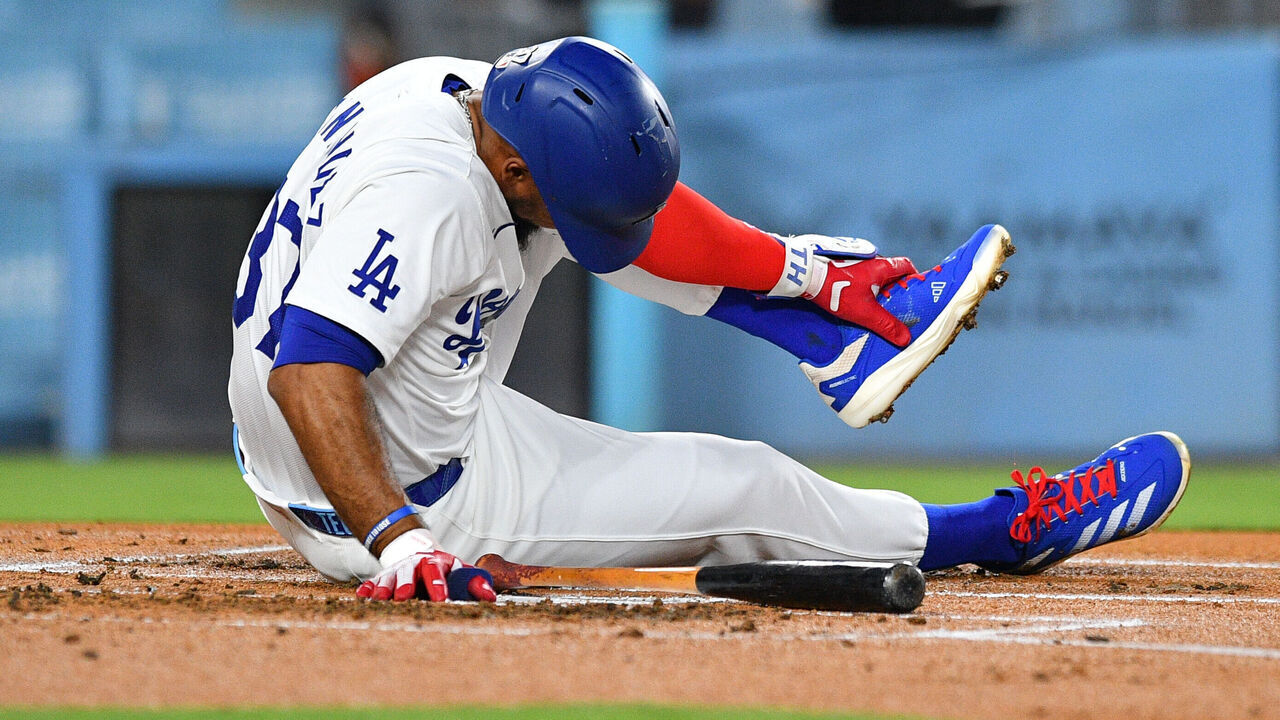 LOS ANGELES, CA - SEPTEMBER 06: Los Angeles Dodgers left fielder Teoscar Hernandez (37) holds his foot after being hit by a pitch during the MLB game between the Cleveland Guardians and the Los Angeles Dodgers on September 6, 2024 at Dodger Stadium in Los Angeles, CA.