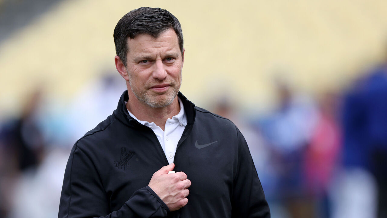 LOS ANGELES, CALIFORNIA - MAY 17: President of Baseball Operations for Andrew Friedman of the Los Angeles Dodgers on the field before the game against the Cincinnati Reds at Dodger Stadium on May 17, 2024 in Los Angeles, California.