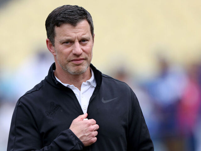 LOS ANGELES, CALIFORNIA - MAY 17: President of Baseball Operations for Andrew Friedman of the Los Angeles Dodgers on the field before the game against the Cincinnati Reds at Dodger Stadium on May 17, 2024 in Los Angeles, California.