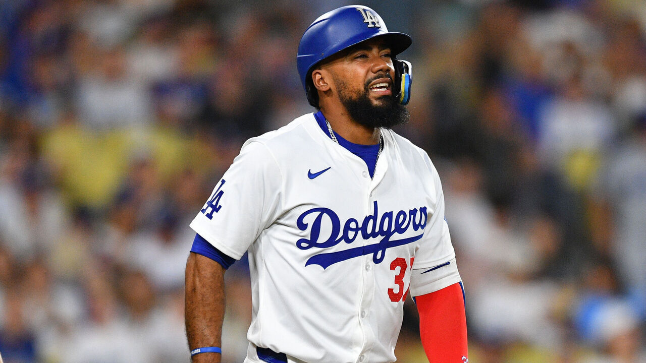 LOS ANGELES, CA - SEPTEMBER 06: Los Angeles Dodgers left fielder Teoscar Hernandez (37) is in some pain after being hit by a pitch during the MLB game between the Cleveland Guardians and the Los Angeles Dodgers on September 6, 2024 at Dodger Stadium in Los Angeles, CA.