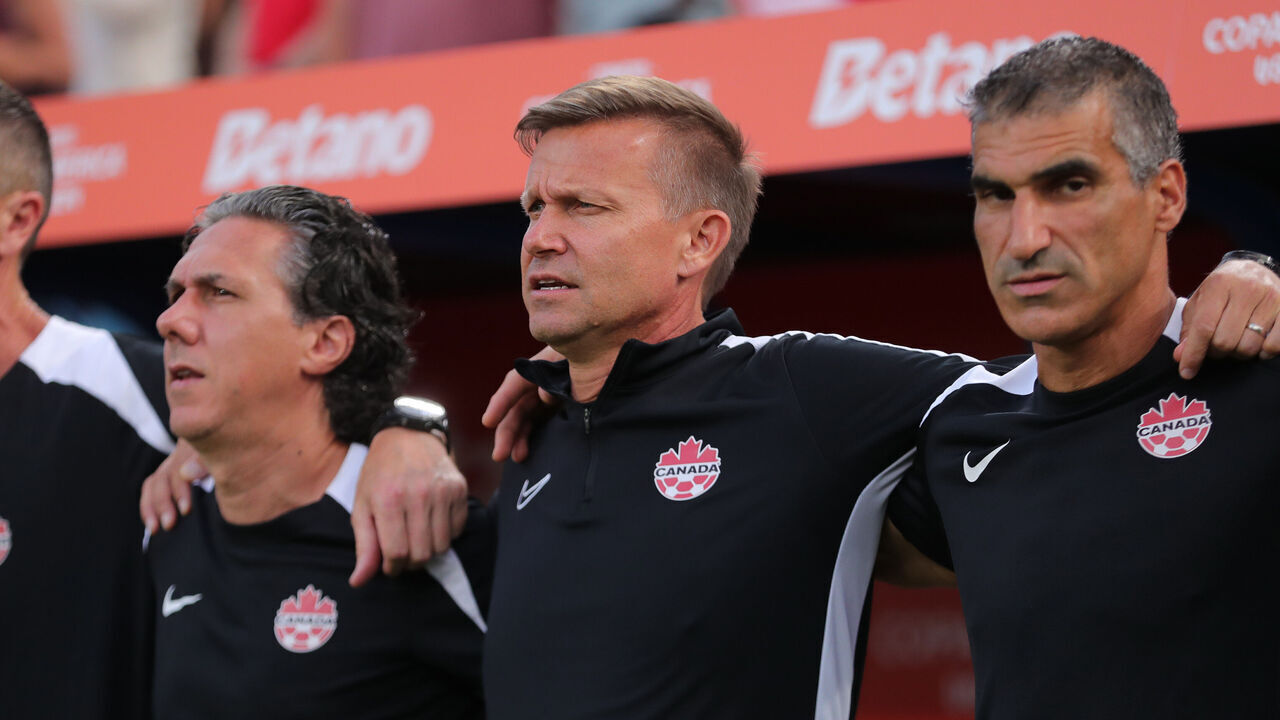 CHARLOTTE, NORTH CAROLINA - JULY 13: Jesse Marsch, Head Coach of Canada sings the national anthem prior to prior to the CONMEBOL Copa America 2024 third place match between Uruguay and Canada at Bank of America Stadium on July 13, 2024 in Charlotte, North Carolina.