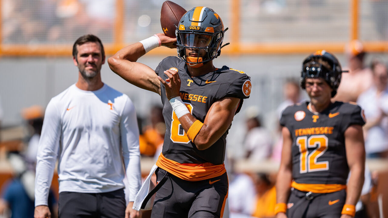 KNOXVILLE, TENNESSEE - AUGUST 31: Nico Iamaleava #8 of the Tennessee Volunteers warms up before their game against the Chattanooga Mocs at Neyland Stadium on August 31, 2024 in Knoxville, Tennessee.