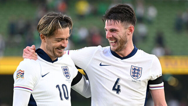 DUBLIN, IRELAND - SEPTEMBER 07: Jack Grealish and Declan Rice of England celebrate following the UEFA Nations League 2024/25 League B Group B2 match between Republic of Ireland and England at Aviva Stadium on September 07, 2024 in Dublin, Ireland.