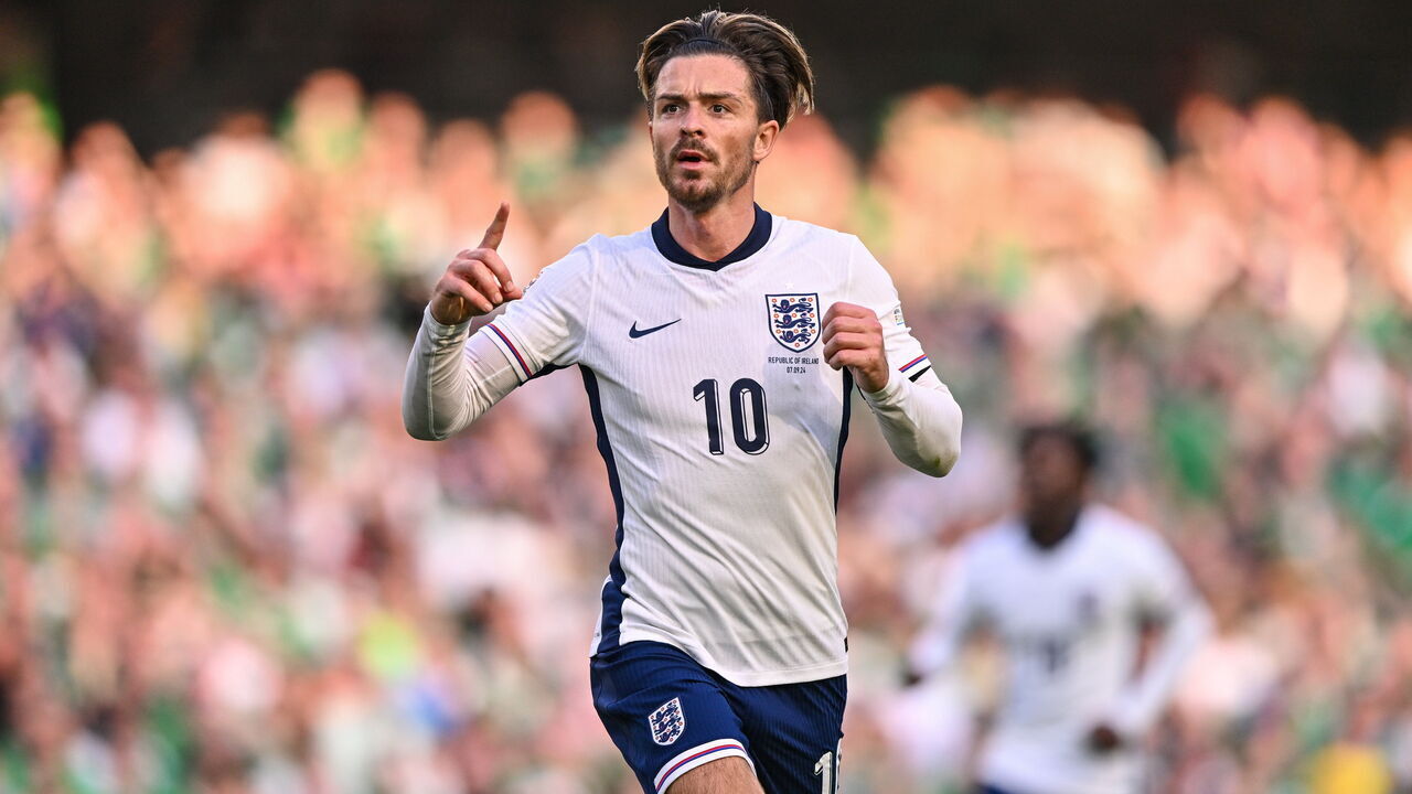 Dublin , Ireland - 7 September 2024; Jack Grealish of England celebrates after scoring his side's second goal during the UEFA Nations League B Group 2 match between Republic of Ireland and England at Aviva Stadium in Dublin.