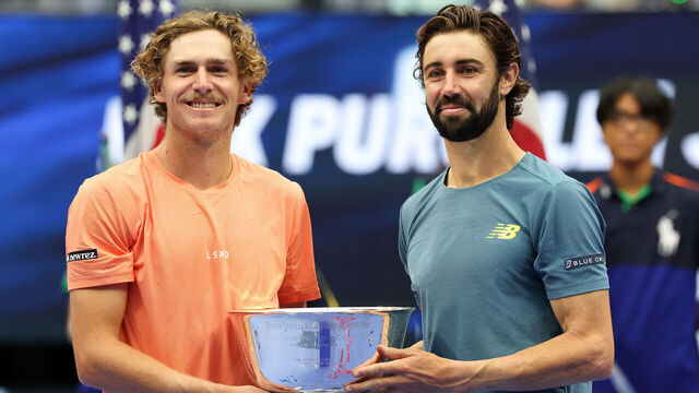 NEW YORK, NEW YORK - SEPTEMBER 07: Jordan Thompson (R) and Max Purcell (L) of Australia celebrates with their trophy after defeating Kevin Krawietz and Tim Puetz of Germany in their Men's Doubles Final match on Day Thirteen of the 2024 US Open at USTA Billie Jean King National Tennis Center on September 07, 2024 in the Flushing neighborhood of the Queens borough of New York City.